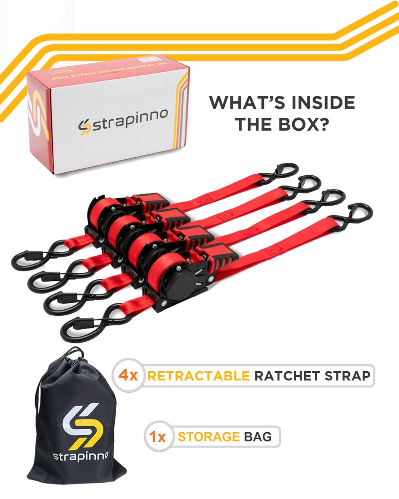 Strapinno أشرطة سقاطة قابلة للسحب من Strapinno بطول 1 × 10 أقدام مع مقابض فولاذية مطلية بالمطاط للدراجات النارية Jetski Kayak قوة كسر 1 500 رطل/680 كجم (حزام أحمر مطلي باللون الأسود) - Image 4